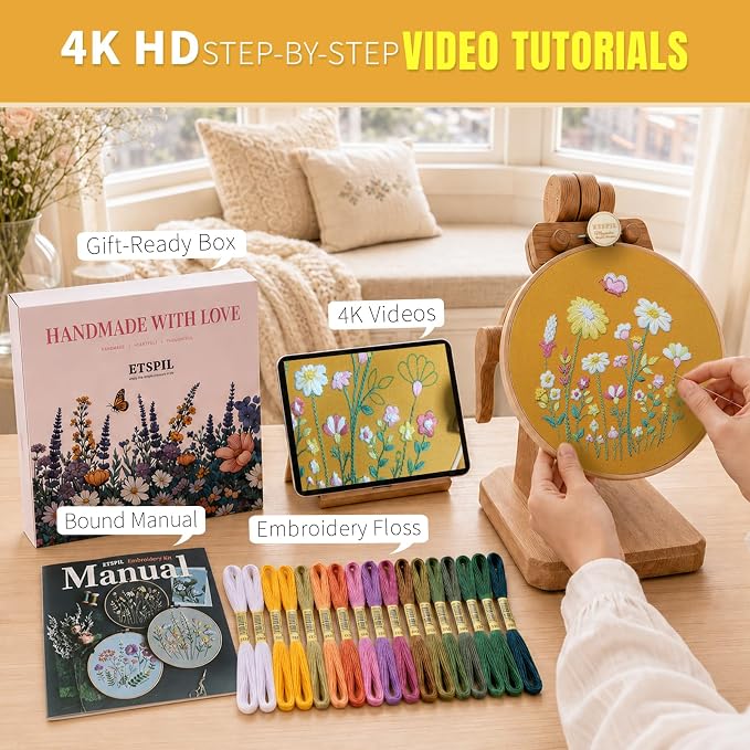 ETSPIL Embroidery Kit for Beginners, 2 Hoops, 4K Video, 4 Floral Patterns | - Image 2