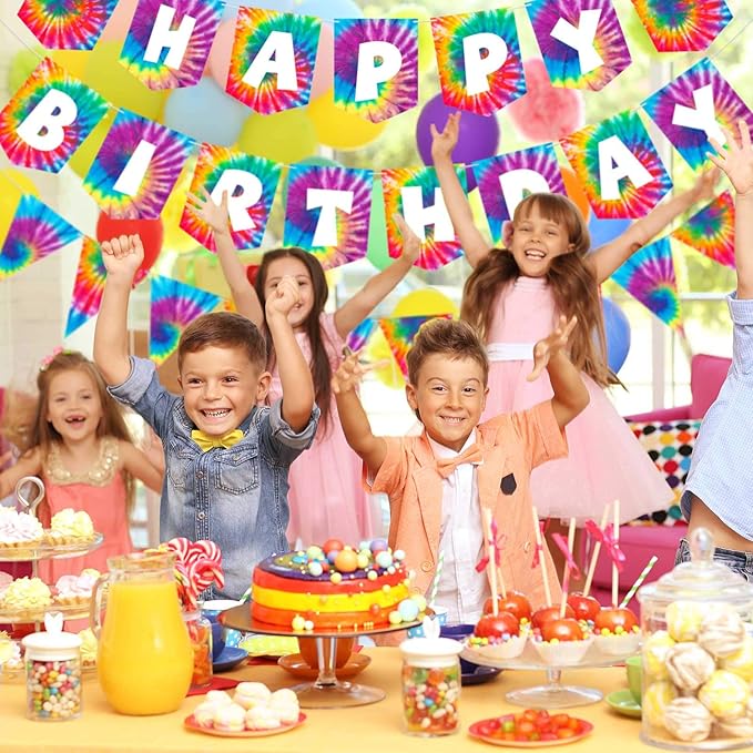 2 Pieces Tie Dye Birthday Party Banner Decorations Hippie Happy Birthday - Image 3
