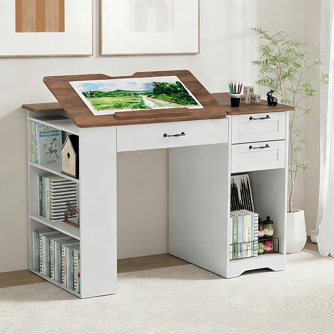 Drafting Table with Storage Cabinet & Drawers, Adjustable Drawing Desk with by Lurinthal