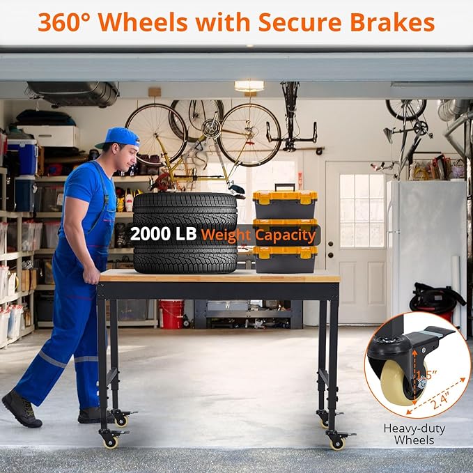 60'' Adjustable Workbench, Heavy Duty Workbench with Power Outlet and Lockable Wheels, 2000 LBS Capacity, Work Table Suitable for Office, Garage, Workshop