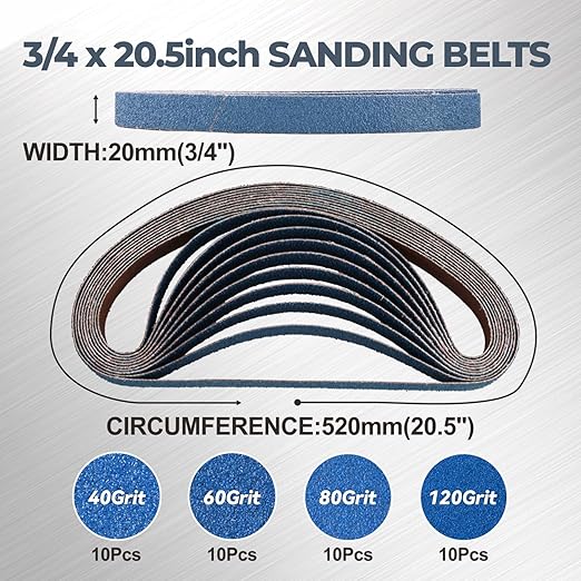 3/4 x 20.5 Inch Zirconia Sanding Belts, 40Pcs 10 Each of 40/60/80/120 Assorted Grits, Belt Sander Sanding Belt for Knife Blade Sharpening, Metal Polishing, Derusting, Woodworking