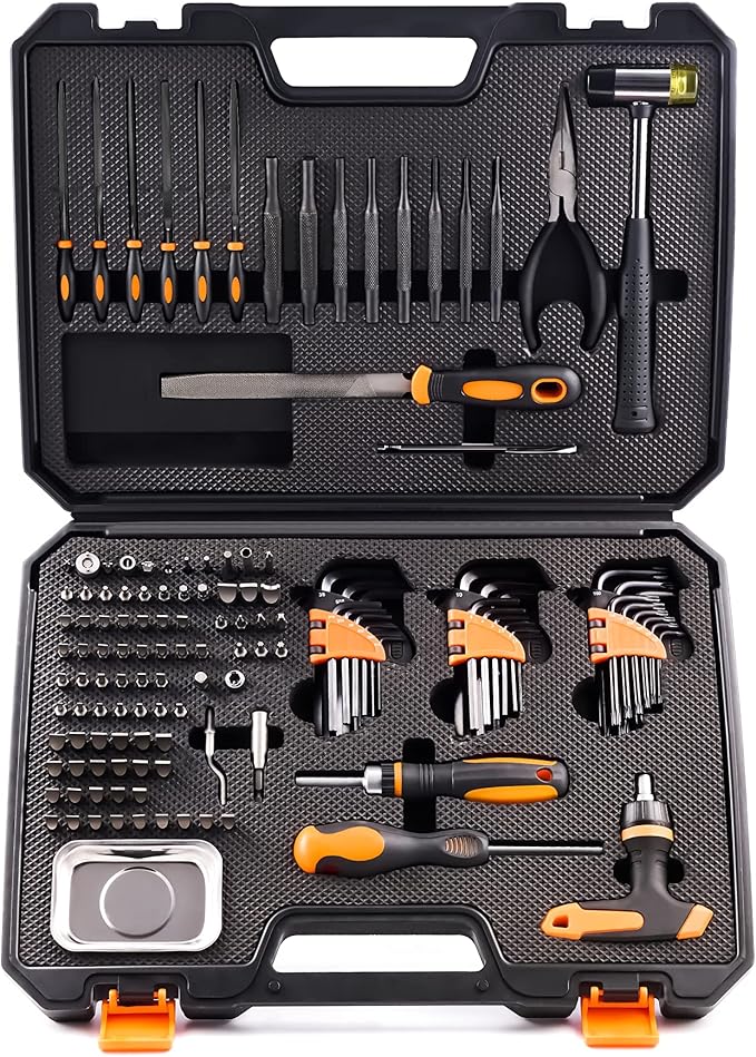 KNINE OUTDOORS Screwdriver Set Repair Kit Maintenance Tools with File Set, Hex Key Set, Ergonomical Designed T-BAR Ratcheting Wrench Rubber Mallet Bits Wrenches Adapters Pin Punches, 138 Set