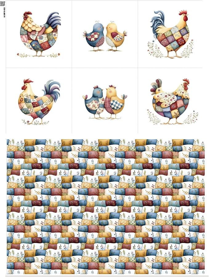 Farmhouse Chicken Patchwork Cotton Fabric Panel – 6 Designs + Bonus Patchwork by FabricsTown