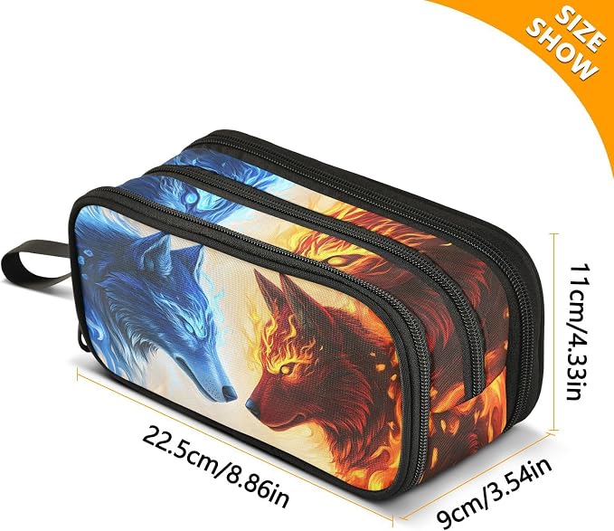 Wolf Ice Blue Fire Pencil Case Box Boys Girls Large Pencil Pouch - Image 4