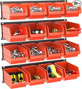 TORACK Wall Mounted Storage Bins, 16 Plastic Bins for Tools Organization in Garage, Craft Room, Shop(4-Pack, Orange-red)