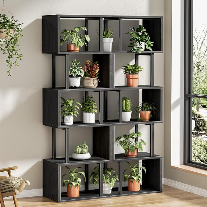 Furologee 6 Tier Bookshelf Tall Geometric Bookcase, S Shaped Industrial Display - Image 2