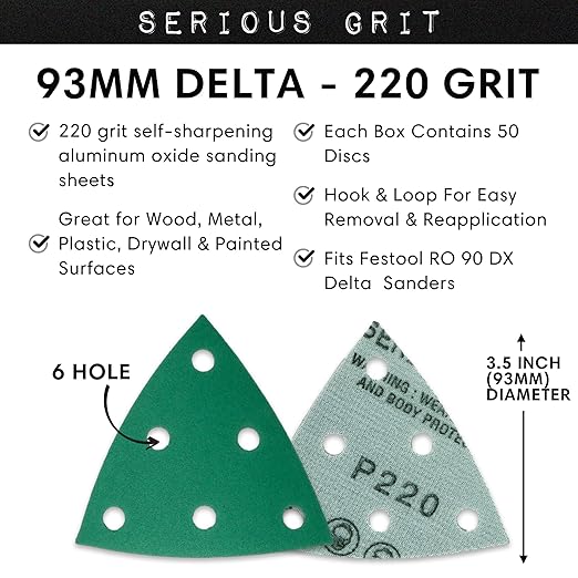 3.5" (93mm) 6-Hole 220 Grit Triangle Sanding Sheets - Fits Festool Rotex RO 90 Delta - Heavy-Duty Hook & Loop Film Disc Abrasives - Sandpaper for Detail Sanders - 50 Pack Box
