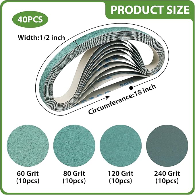 40-Pack 1/2×18 Inch Ceramic Sanding Belts, 10 Pcs Each of 60 80 120 240 Grit Belt Sander Sandpaper, Heavy-Duty Air File Sander Belt for Metal, Stainless, Wood
