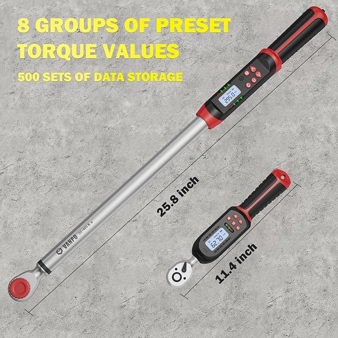 Digital Torque Wrench Set, 2Pcs 3/8" (3.1-62.7Ft.lb/4.2-85Nm) & 1/2" (14.7-295Ft.lb/20-400Nm) Electronic Torque Wrench with Buzzer, LED Indicator, Preset Value, Data Storage for Bike, Moto, Car