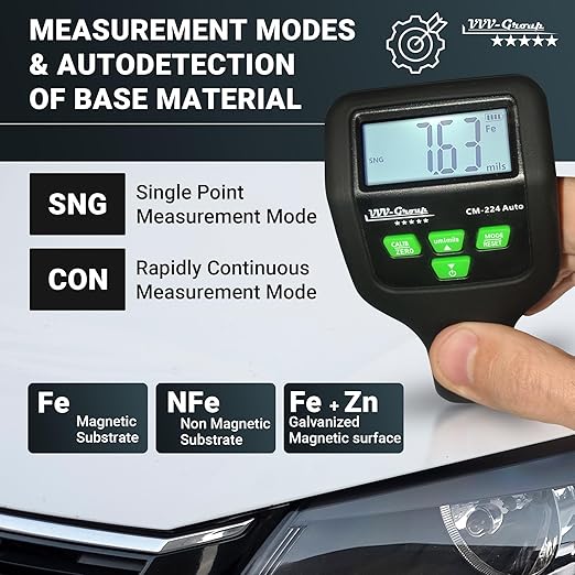 Paint Thickness Gauge CM-224Auto 2025 | Goating Thickness Meter, Digital Paint Depth Gauge for Cars, Al/Fe+Zinc Detection, Auto Calibration, 0.1 μm/0.01 mil Resolution, Large LCD