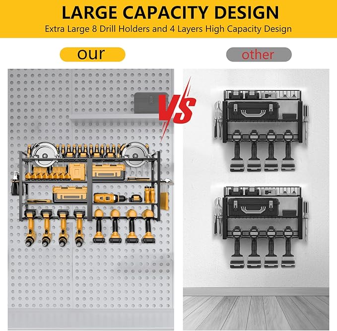 Power Tool Organizer Wall Mount：Heavy Duty Drill Holder Rack with 8 Slots, 4-Tier Metal Tool Shelf for Garage Storage, Workshop, DIY(32inch)
