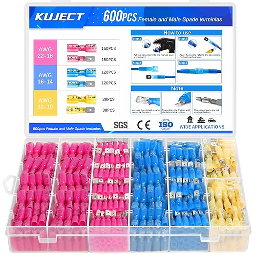 Kuject 600PCS Heat Shrink Wire Connectors, 22-10 AWG Electrical Insulated Male Female Wire Spade Terminals, Quick Disconnect Waterproof Crimp Butt Terminals for Automotive Marine Boat Truck
