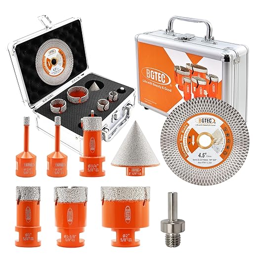 BGTEC Diamond Hole Saw Kit - 9PCS 6/6/20/25/35/50mm Drill Bits + 50mm Chamfering Bit + Adaptor + 115mm Tile Blade for Porcelain Tile Ceramic Granite Marble Stoneware