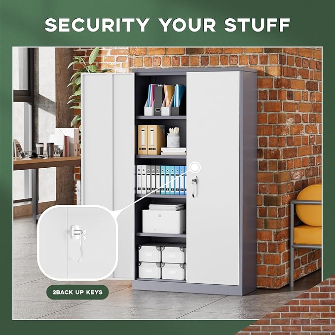 Greenvelly Metal Garage Storage Cabinet, 72" Locking Metal Cabinet with 2 Doors and 4 Adjustable Shelves, Grey White Steel Tool Organization for Home, Office, Garage (36" W x 18" D)