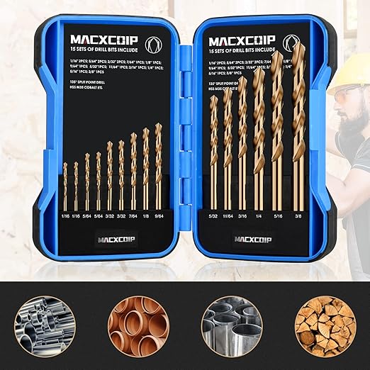 Cobalt Drill Bit Set, 15Pcs M35 High Speed Steel Jobber Length Drill Bit Kit for Hardened Metal, Stainless Steel, Cast Iron, Wood and Plastic, with Index Storage Case, 1/16"-3/8"