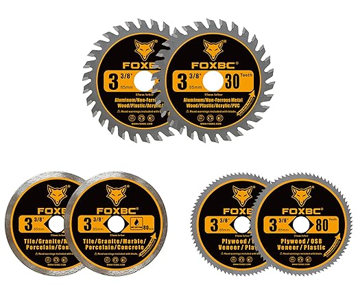 FOXBC 3-3/8 Inch Compact Circular Saw Blade Set, Multi-Material Cut for Wood, Plastic, Metal, Tile Cutting, 15mm Arbor - 6 Pack