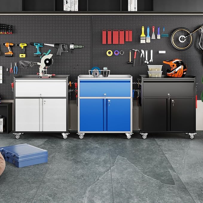 Aobabo Metal Cabinet with Wheels, Rolling Cabinet with 1 Drawer and 4 Hooks, 35" H Steel Garage Storage with Pegboard and Handle, Assembly Required, Black Grey