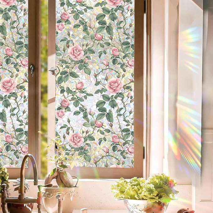 Floral Stained Glass Window Privacy Film, Retro Decorative Rainbow Window by UQRUI