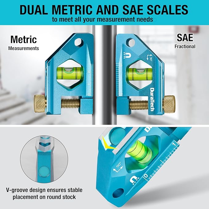 DURATECH 2.5-Inch Level, Magnetic Torpedo Level with 90° Bubbles, V-Groove, Large Viewing Window, Aluminum Alloy Body, Hanging Hole, SAE and Metric Scale for DIY Projects and Household Use