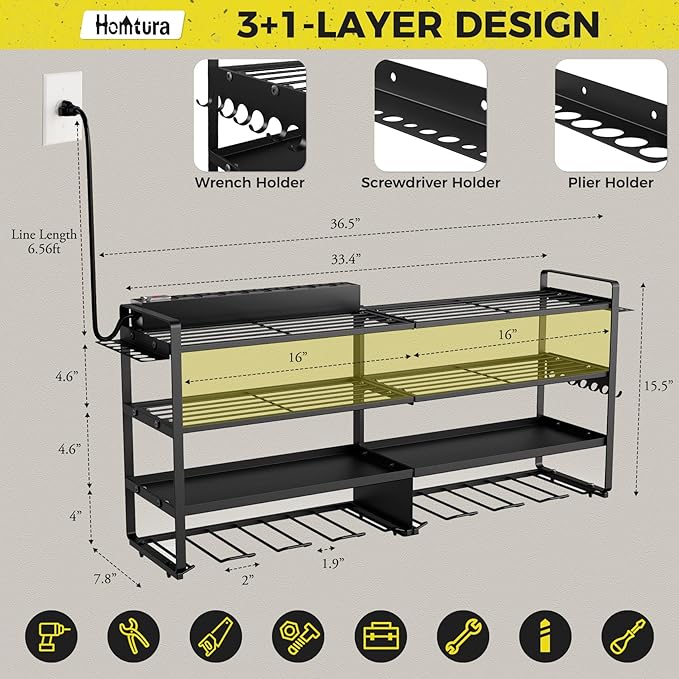 2 Pack Power Tool Organizer Wall Mount with Charging Station, 8 Outlet Power Strip & 4 Layers Storage Rack with 8 Drill Holders for Cordless Tools, Heavy Duty Utility Racks for Garage Workshop