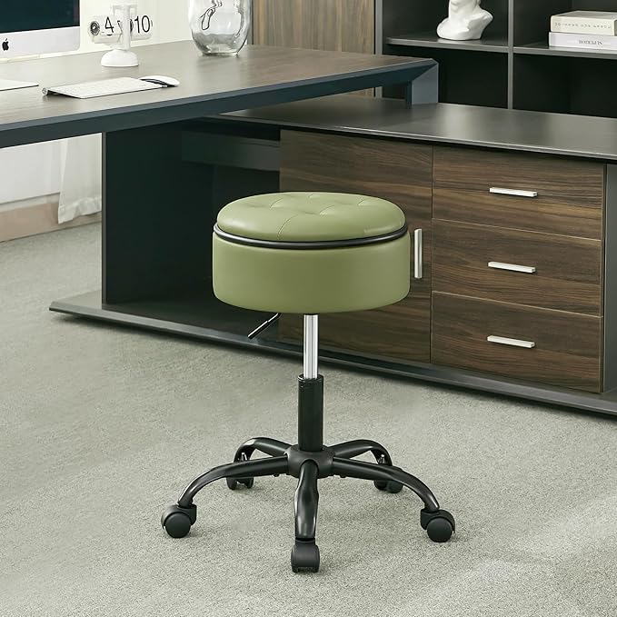 Rolling Stools with Wheels (Chair & Small Table in One) (Adjustable Height Barber Chair 20.67"-24.61"), Green Ergonomic Stool with Storage