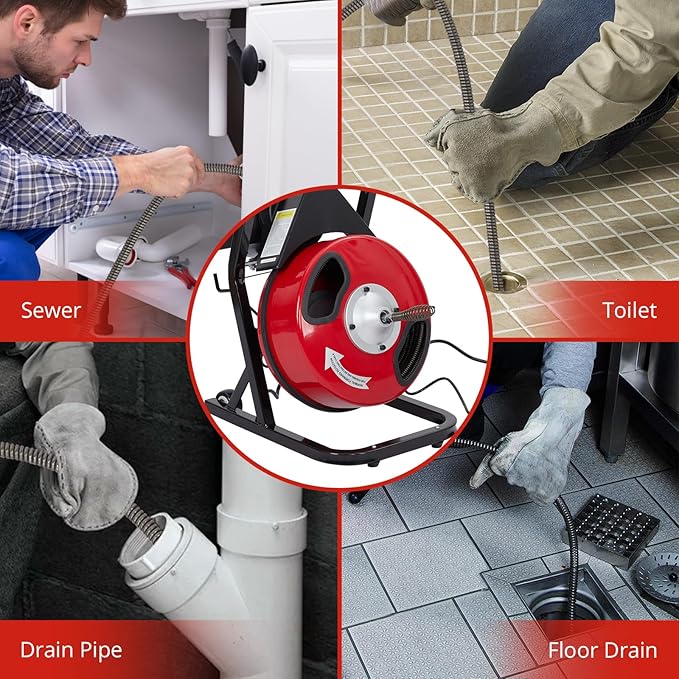 50 FT x 1/2 Inch Drain Cleaner Machine with 250W Motor, Manual Feed Sewer Snake Auger with 4 Cutters & Air-Activated Foot Switch, Semi-Enclosed Drum Drain Cleaning Tool for 2" to 4" Pipes