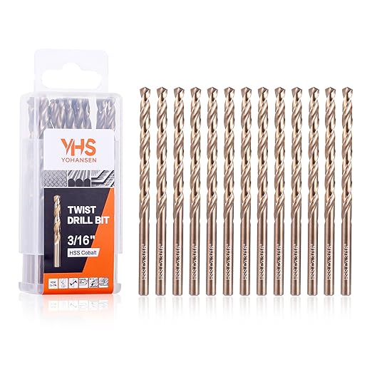 3/16 Inch Cobalt Drill Bits (13pcs), M35 High Speed Steel, 135 Degree Tip, Jobber Length Twist Drill Bit Set for Hard Metal, Stainless Steel, Cast Iron, Wood and Plastic, with Storage Case