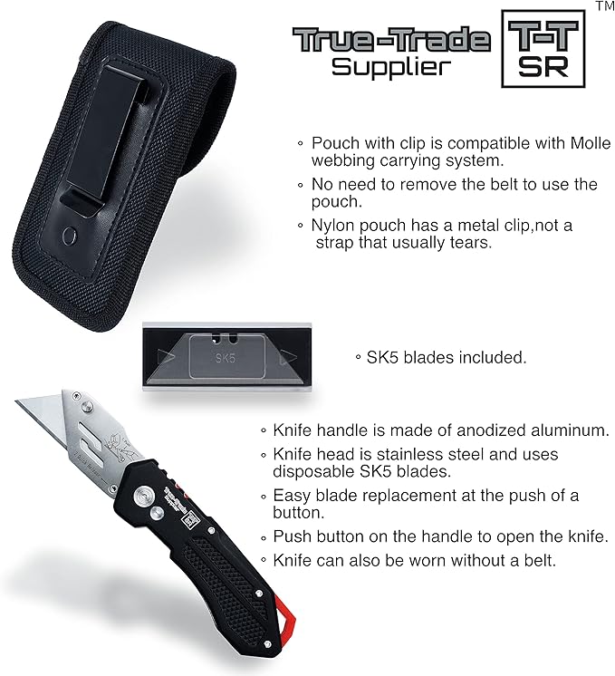 Heavy Duty Folding Utility Knife with Maintenance Tool, Holster, Nylon Pouch, Belt Clip, Stainless Steel Box Cutter, One Year Warranty