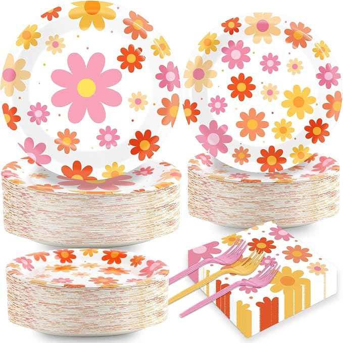 Qyeahkj 50 Guests Groovy Daisy Plates and Napkins Party Supplies Boho Hippie by Qyeahkj