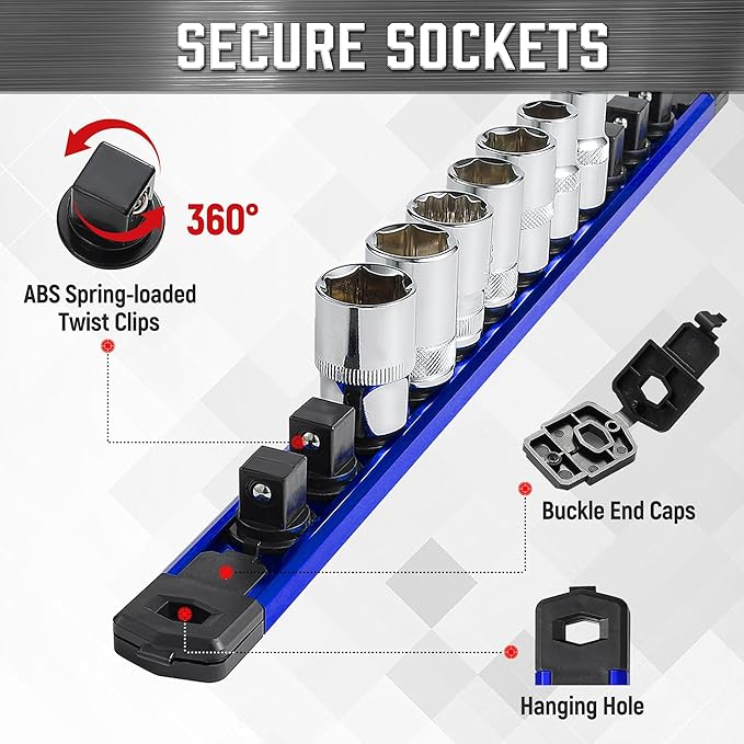 ALOANES 3-Piece Magnetic Socket Organizer, Heavy Duty Aluminum Socket Rails Organizer, 360° Swivel Clips Socket Holder Kit for Tool Box, 3/8-Inch Socket Holder x 42 Clips (Blue)