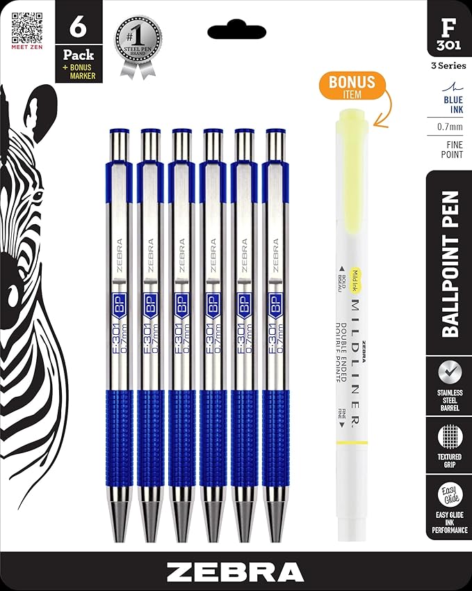 Zebra Pen F-301 Ballpoint Blue Ink Fine Point 0.7mm Stainless Steel Retractable by ZebraPen