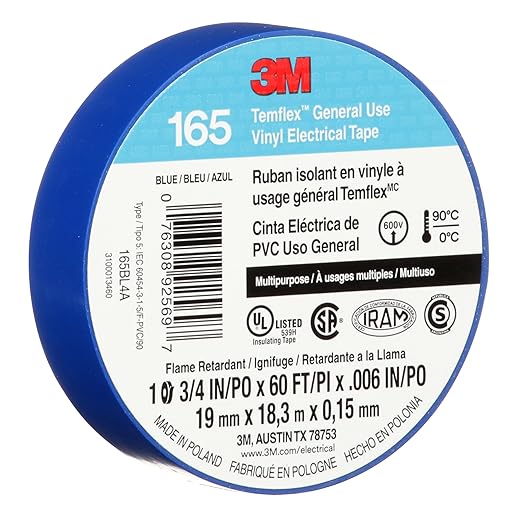 3M Temflex Multi-Purpose Vinyl Electrical Tape 165, Blue, 3/4 in x 60 ft (19 mm x 18 m), 10 Roll Pack