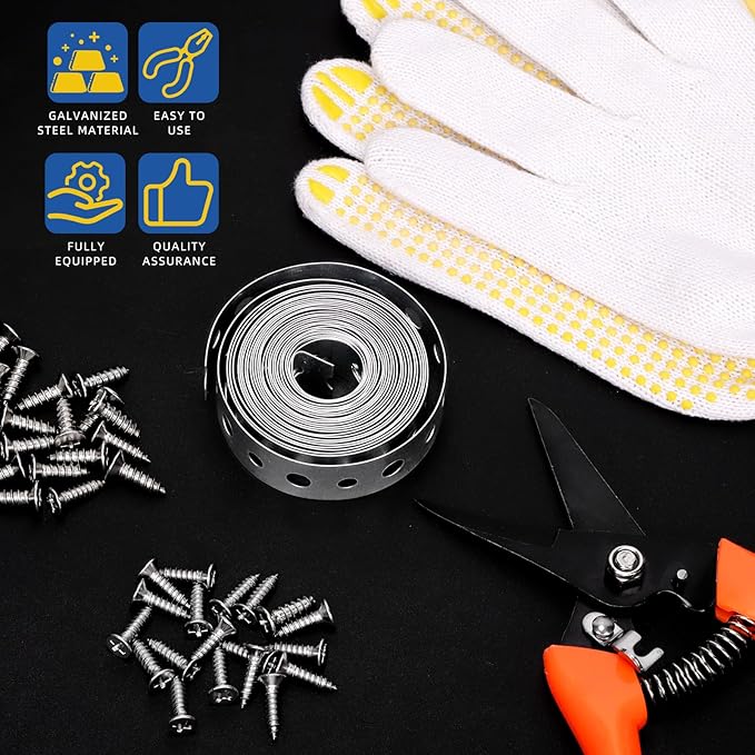 Glarks 54pcs 11/16inch x 10Feet Galvanized Metal Pipe Strap with Holes, Pipe Support Metal Strapping, Pipe Hanger Straps with 50pcs M4.2 M5 Screws, 1pcs Trimming Shear and Gloves