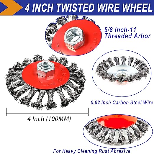 4 Inch Wire Wheel Brush Set for Grinder, DaduoRi 6 Pack Wire Wheels for 4 1/2 Angle Grinder, 5/8 Inch-11 Threaded Arbor-Coarse Crimped Twisted Knotted Cup Brush,Heavy Cleaning Rust Stripping Abrasive
