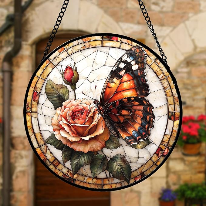 DASTOLL Stained Glass Window Hanging, Butterfly Picking Flowers Suncatcher - Image 4