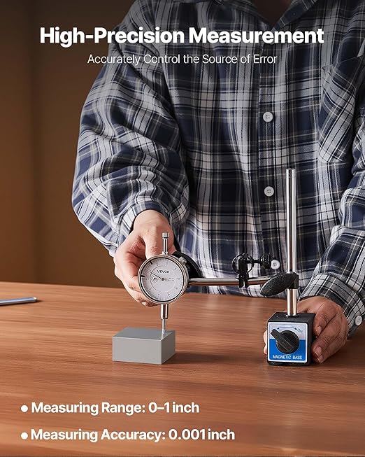 VEVOR Dial Test Indicator with Dual Rod Stand and Storage Case, 0.001 inch Accuracy, 0-1 inch Range, Fine Adjustable Long Arm, Non-Magnetic Centering Rods for Machine Set-Up, Narrow Area Measurement