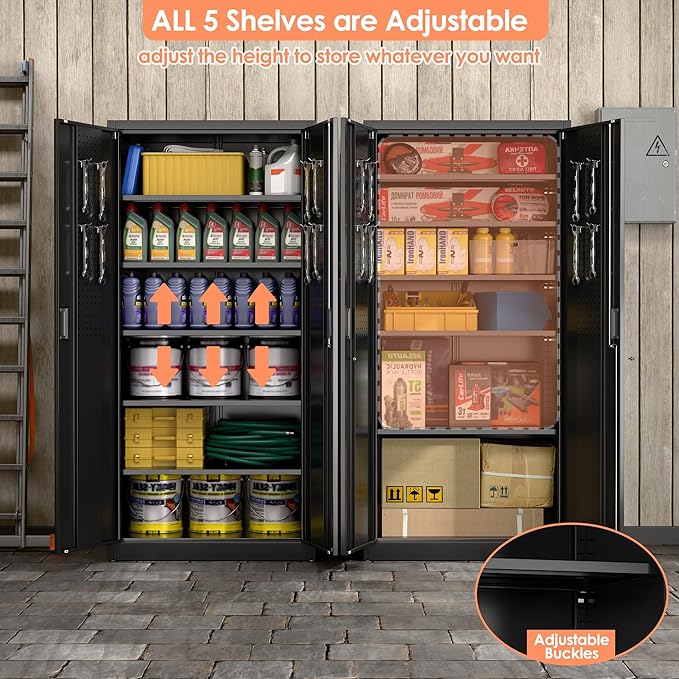 Aobabo 71" H×34" W×18" D Metal Storage Cabinet with Pegboards, Locking Steel Storage Cabinet with 5 Adjustable Shelves and 4 Hooks for Garage, Office, Black, Assembly Required