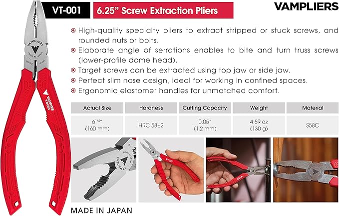 VAMPLIERS 4-Piece Stripped Screw Extractor Pliers Gift Set. Made in Japan. 8" Linesman, 7.5" Long Nose, 6.25" Multipurpose & 5" ESD Safe Pliers + Tool Pouch. Remove any Stripped/Damaged/Rusted Screws.