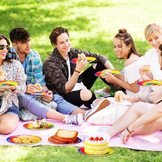 Domensi 100 Pack Tie Dye Paper Plates 7 Inch Rainbow Disposable Dessert Plates - Image 7