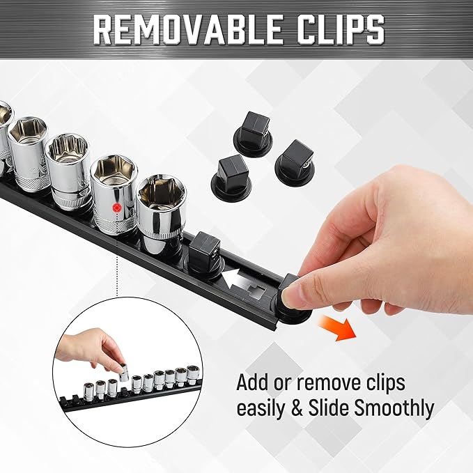 ALOANES 3-Piece Magnetic Socket Organizer, Heavy Duty Aluminum Socket Rails Organizer, 360° Swivel Clips Socket Holder Kit for Tool Box, 1/4-Inch Socket Holder x 42 Clips (Black)