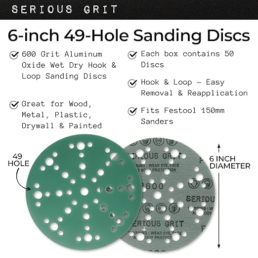 6-Inch 49-Hole 600 Grit Sanding Discs - Heavy-Duty Hook & Loop Film Discs - Sandpaper for Random Orbital Sanders - 50 Pack Box