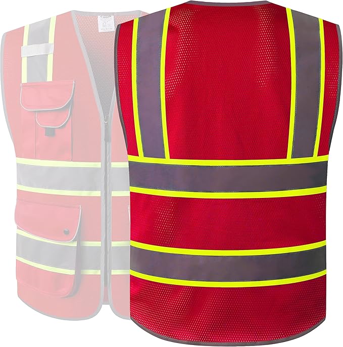 JKSafety 9 Pockets Hi-Vis Neon Red Zipper Front MESH Safety Vest with Fluorescent Yellow Extend Edge outlining the Reflective Tapes Meet ANSI/ISEA Class 2 Standard (100-Red, Large)