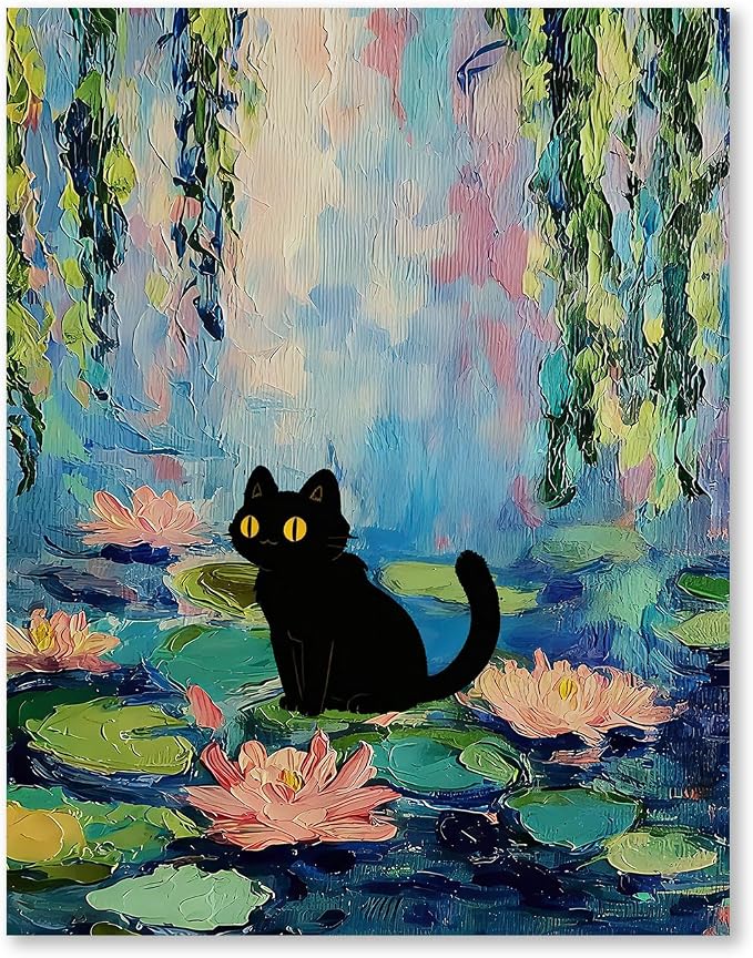 RLTXBUK Cat Cross Stitch Kits, Vintage Black Kitten Water Lily Flower Stamped by Unknown