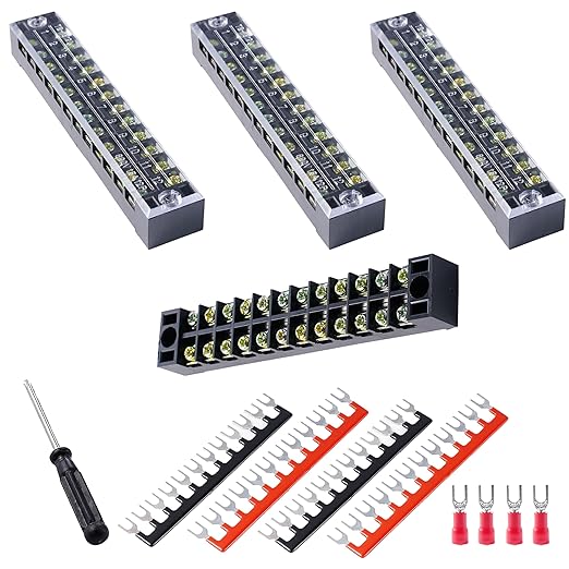 Terminal Block (4 Sets) 4Pcs 12 Positions Dual Row 600V 15A Screw Terminal Strip Blocks with Cover&4Pcs Pre-Insulated Barrier Termina Block Strip&48Pcs Insulated Fork Wire Connector