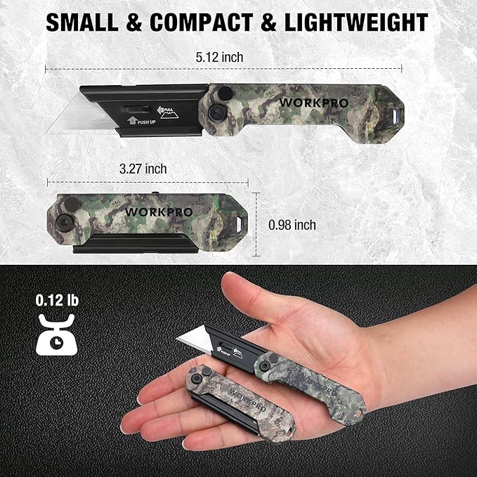 WORKPRO 3-Pack Camo Folding Utility Knife Set, Pocket Knife with Quick Open Axis Lock, Compact EDC Box Cutter with Belt Clip for Cardboard, Plastic, Leather