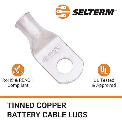 SELTERM 2pcs 6 AWG 1/4" Stud (Wide Pad) Tinned Copper Wire Lugs, Battery Lugs, Ring Terminals, Battery Cable Ends, 6 Gauge Ring Terminal Connectors, UL Marine Grade Battery Terminal Connectors