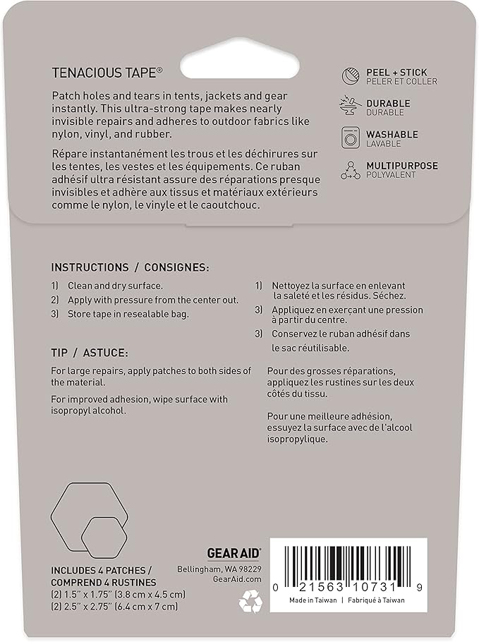 GEAR AID Tenacious Tape Hex 2.5” and 1.5” Repair Patches, Peel-and-Stick to Fix Holes and Burns in Down Jackets, Rain Gear, Tents, Tarps and More