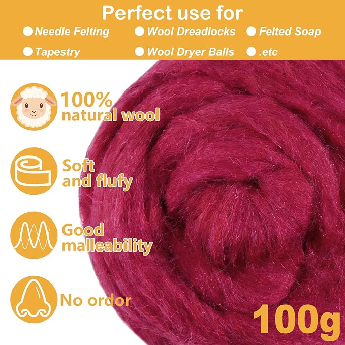 Rose Red Felting Wool, 3.5oz Wool Roving, Soft Wool Batting - Image 2