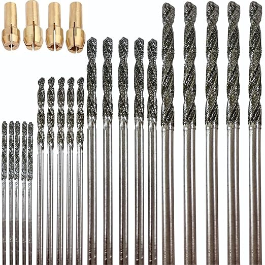 Drilax 24-Piece Diamond Drill Bits Set (1mm, 1.5mm, 2mm, 2.5mm) Compatible with Dremel Rotary Tools – Includes 4 Collets – Diamond Tipped Drill Bit for Stone, Glass, Sea Shells & Jewelry Making Tools