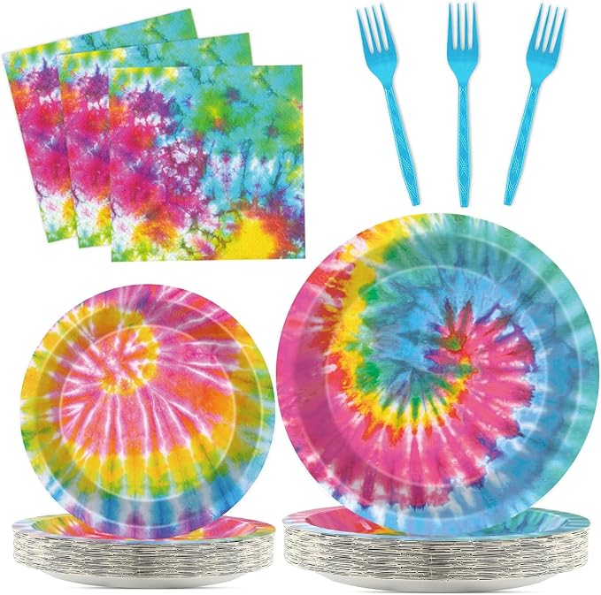 Qyeahkj 25 Guests Tie-Dye Party Supplies, Tie-Dye Party Plates Napkins Forks Set by Qyeahkj